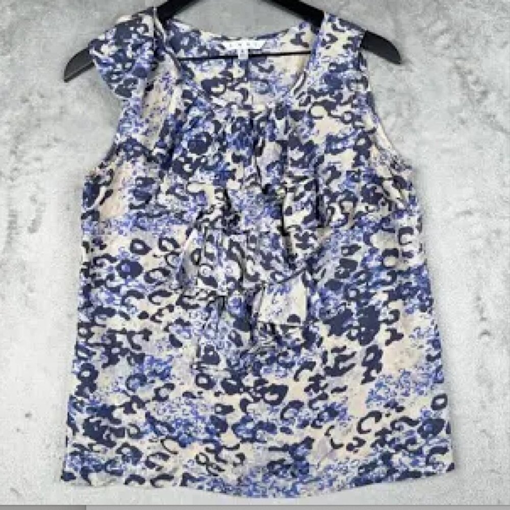 Cabi Women's Blue #628 Sz XS Sleeveless Cascading Ruffle Silk Top Animal Print